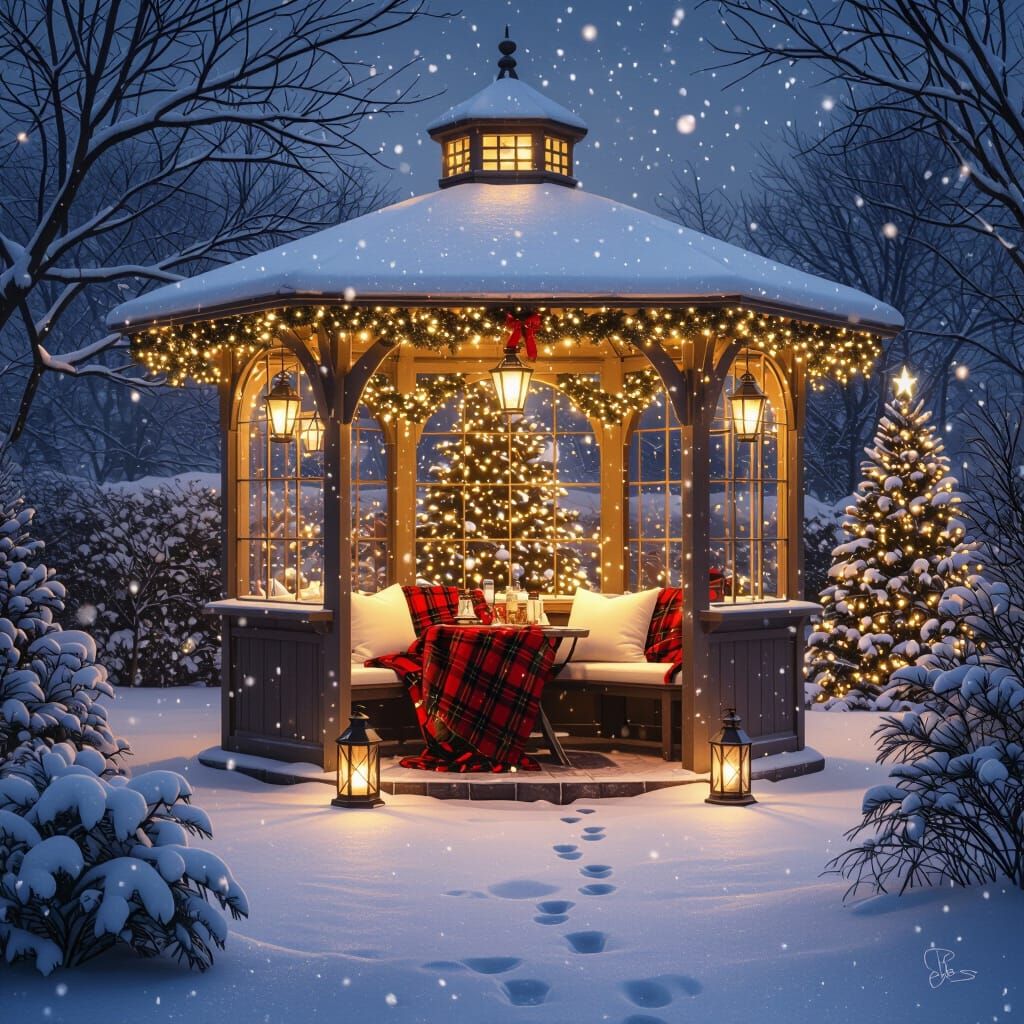 Magical Winter Christmas Kiosk Illuminated in Snowy Garden