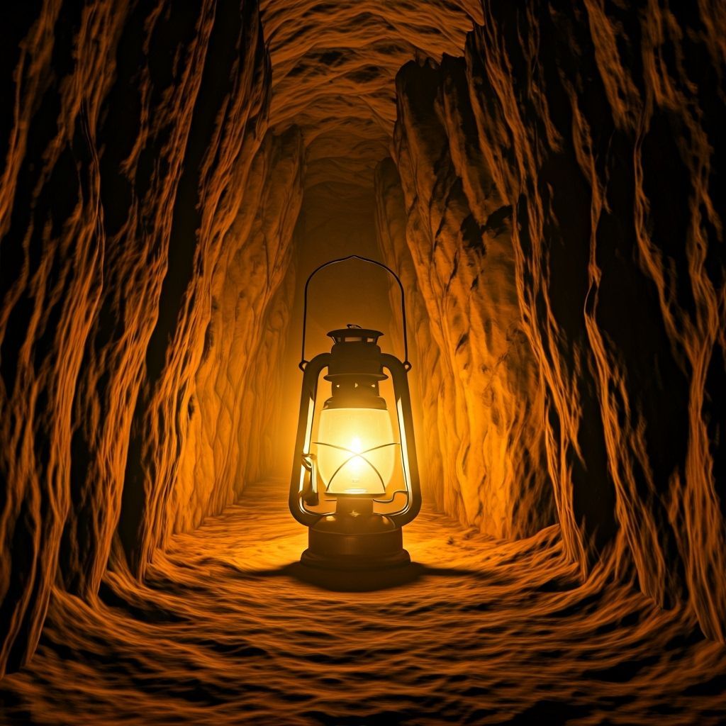 Single Lantern Illuminates Vast Cave Landscape