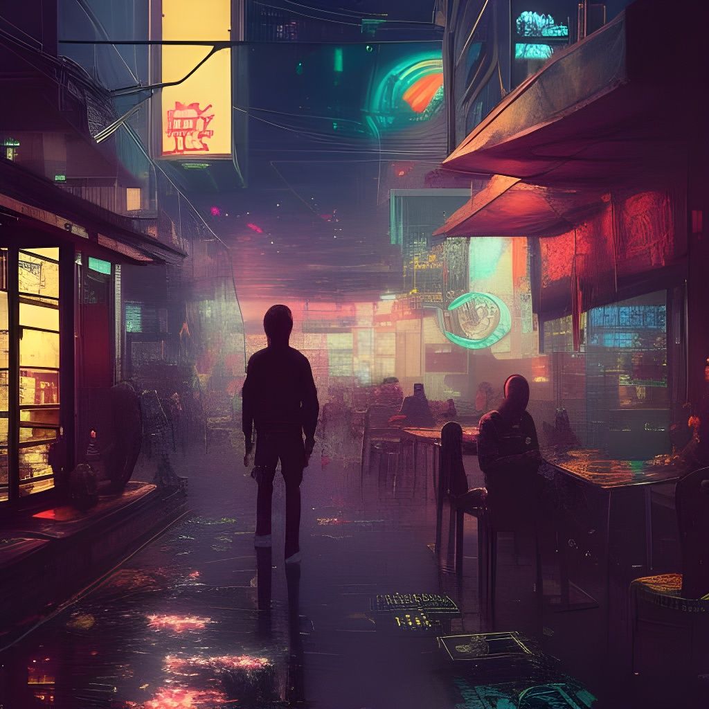 Cyberpunk Cafe Under Cosmic Moonlight: Detailed Digital Art