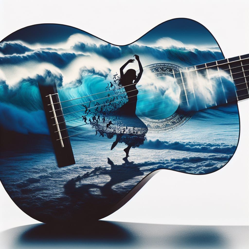 Guitar Silhouette with Dancer and Ocean Double Exposure