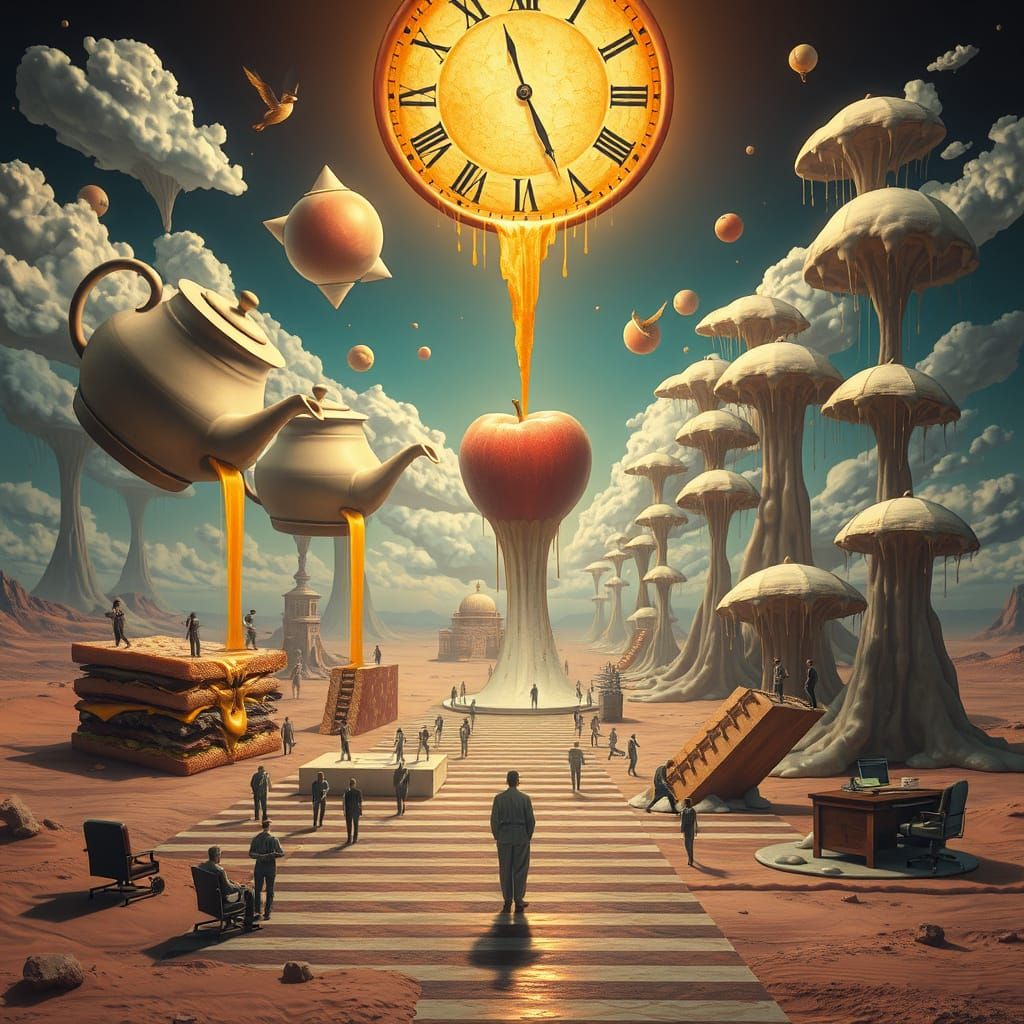 Surreal Desert Dreamscape: Floating Teapots and Melting Cloc...