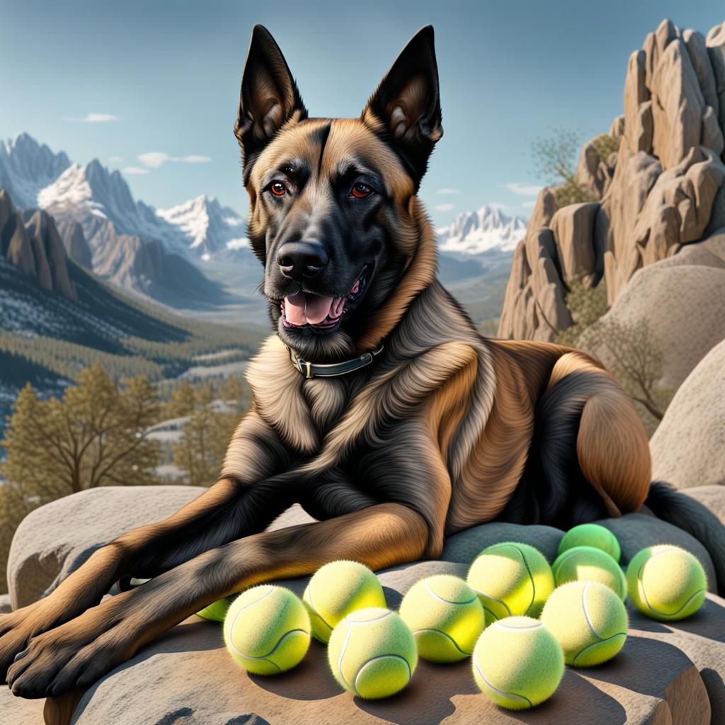 Belgian Malinois Overlooking Snowy Mountains