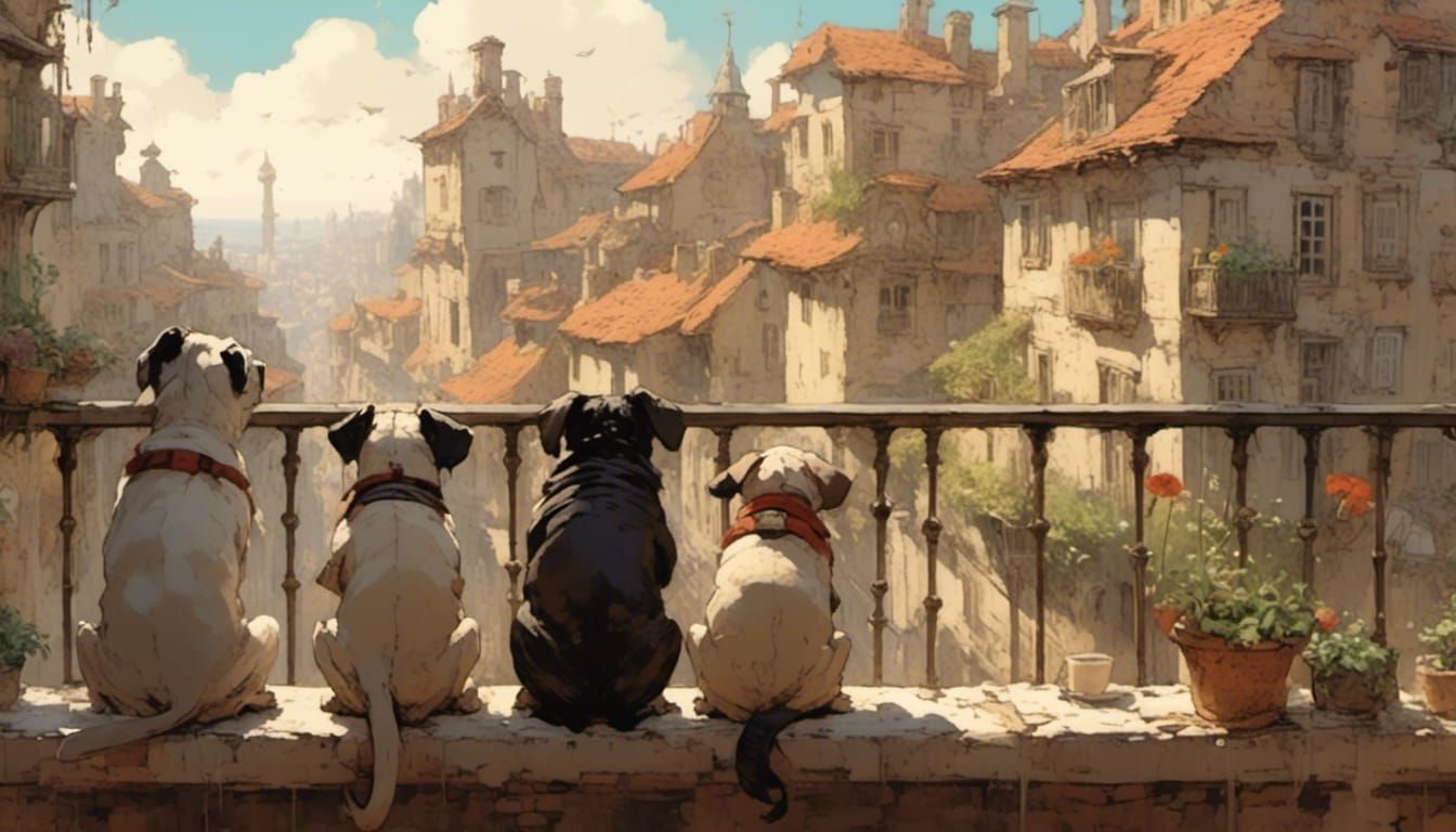 Pugs Gazing from Balcony Illustration