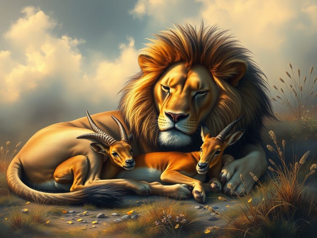 Lion and Gazelle in Dreamlike Mist, Oil Painting