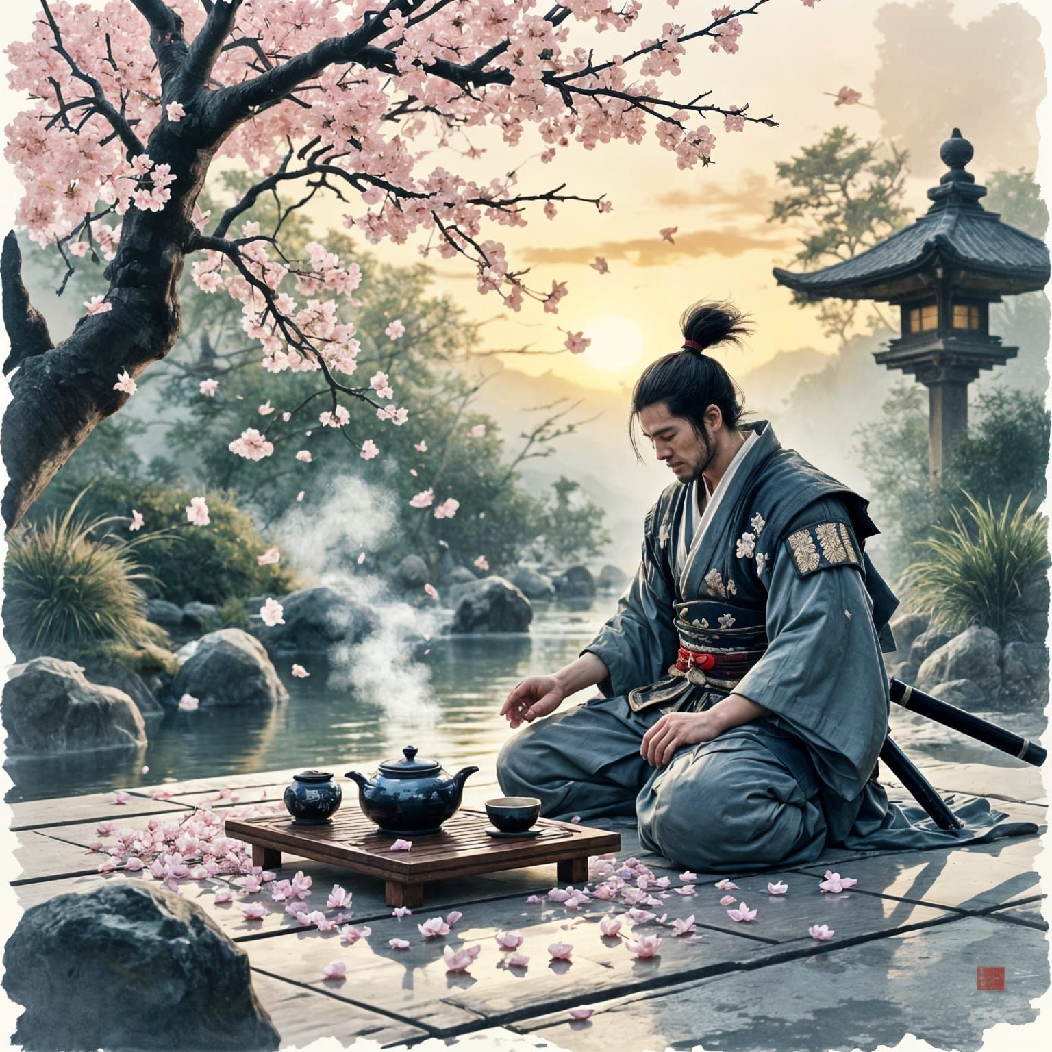 Samurai's Tea Ceremony Mishap in Ukiyo-e Style