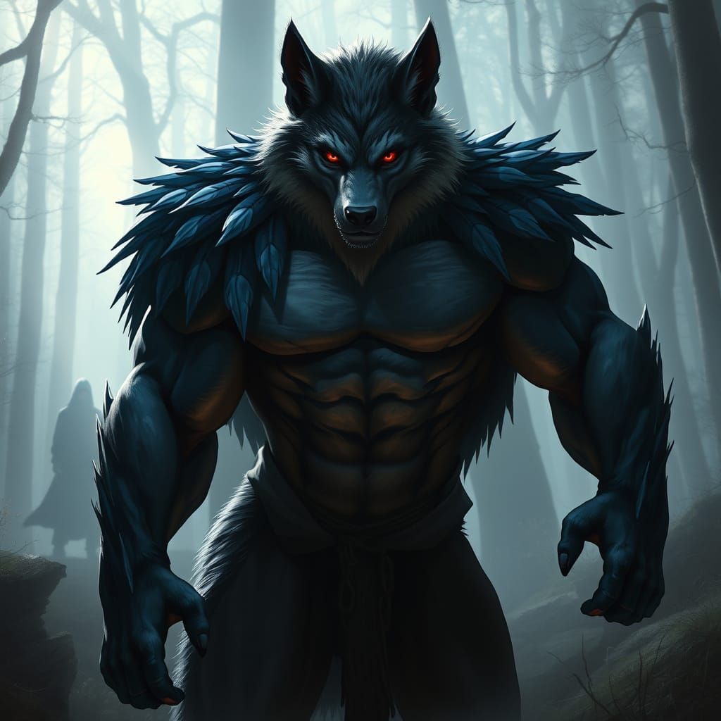 Imposing Anthropomorphic Wolf in Mystical Forest