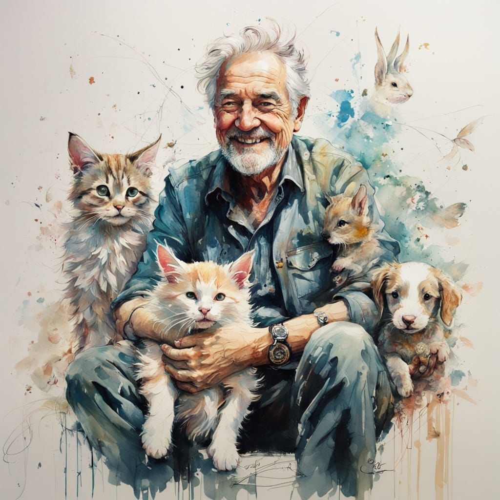 smiling  modern older with his pets