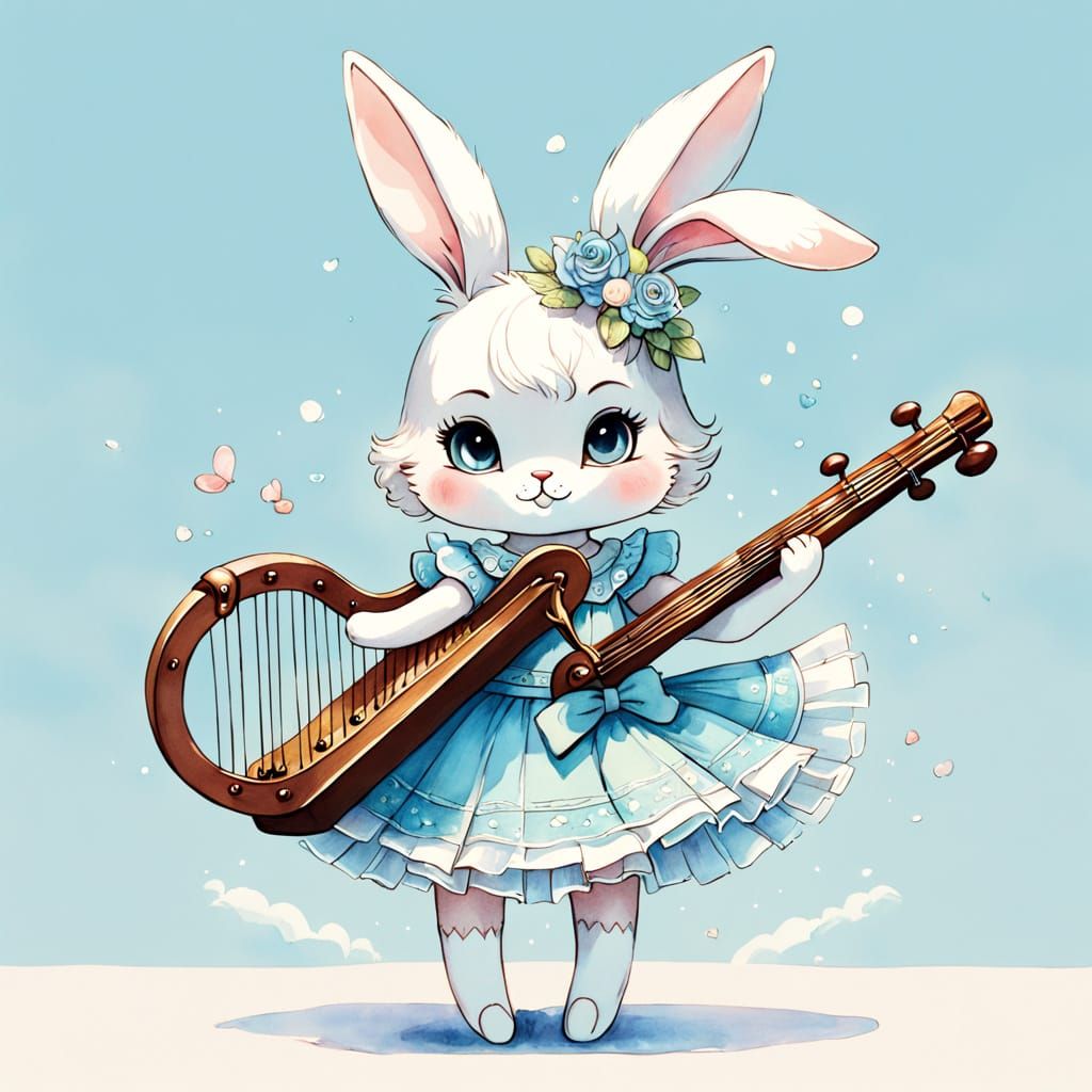 Watercolor Bunny Harpist in Delicate Pastel Colors