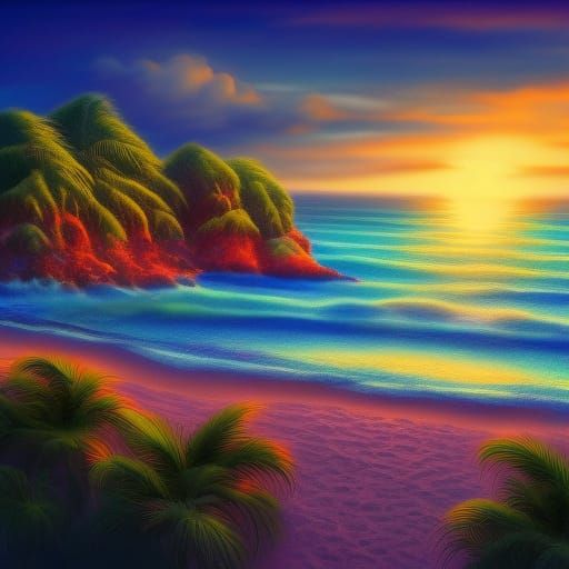 Colorful Tropical Beach Cottage Sunset Art