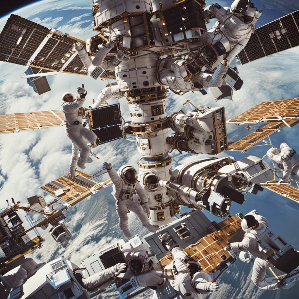 Astronauts Building a Space Station in Orbit
