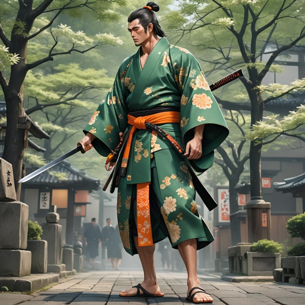 Samurai in Kimono in Edo City: 3D Anime Art