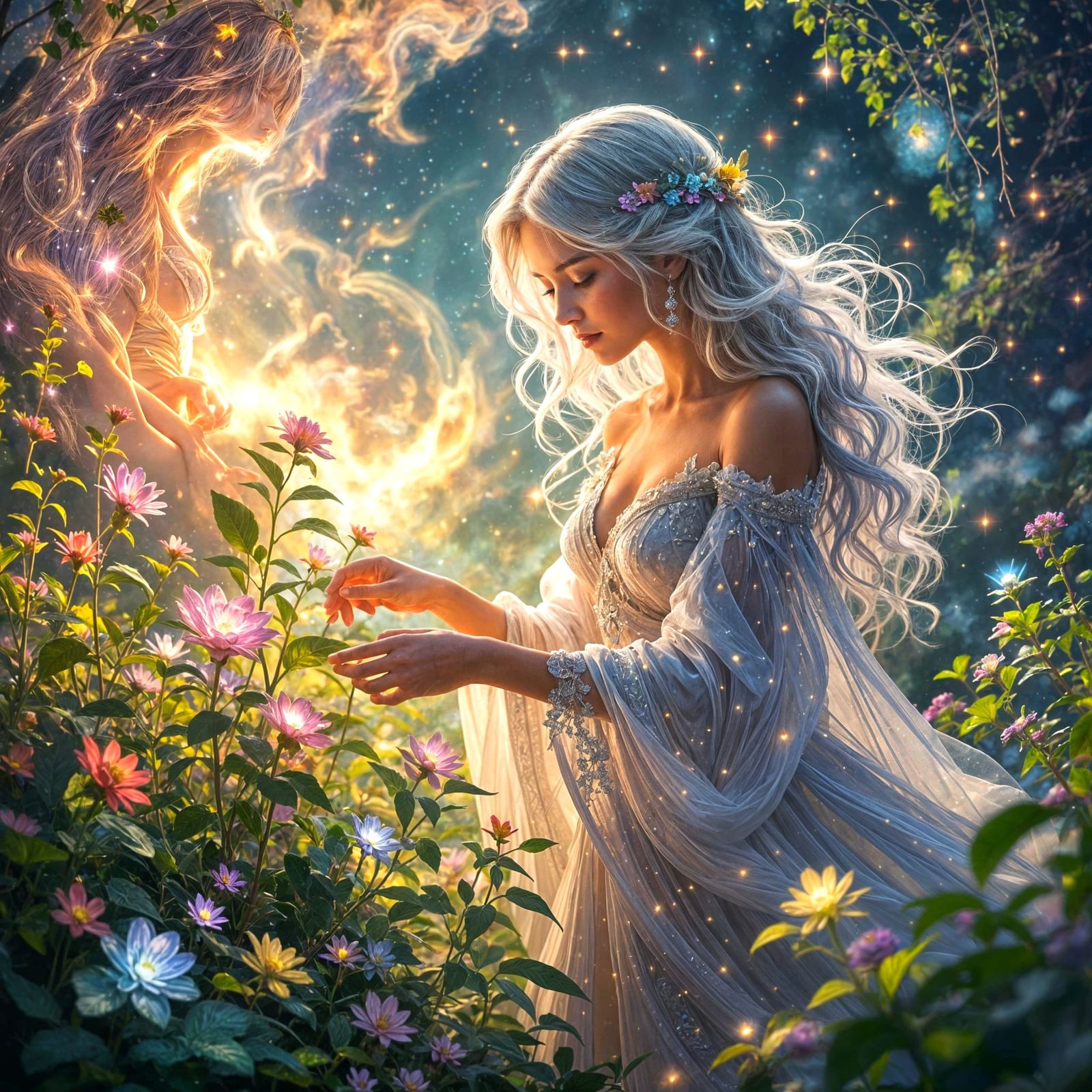 Celestial Garden in Nebula, Hyper-Fantasy Style