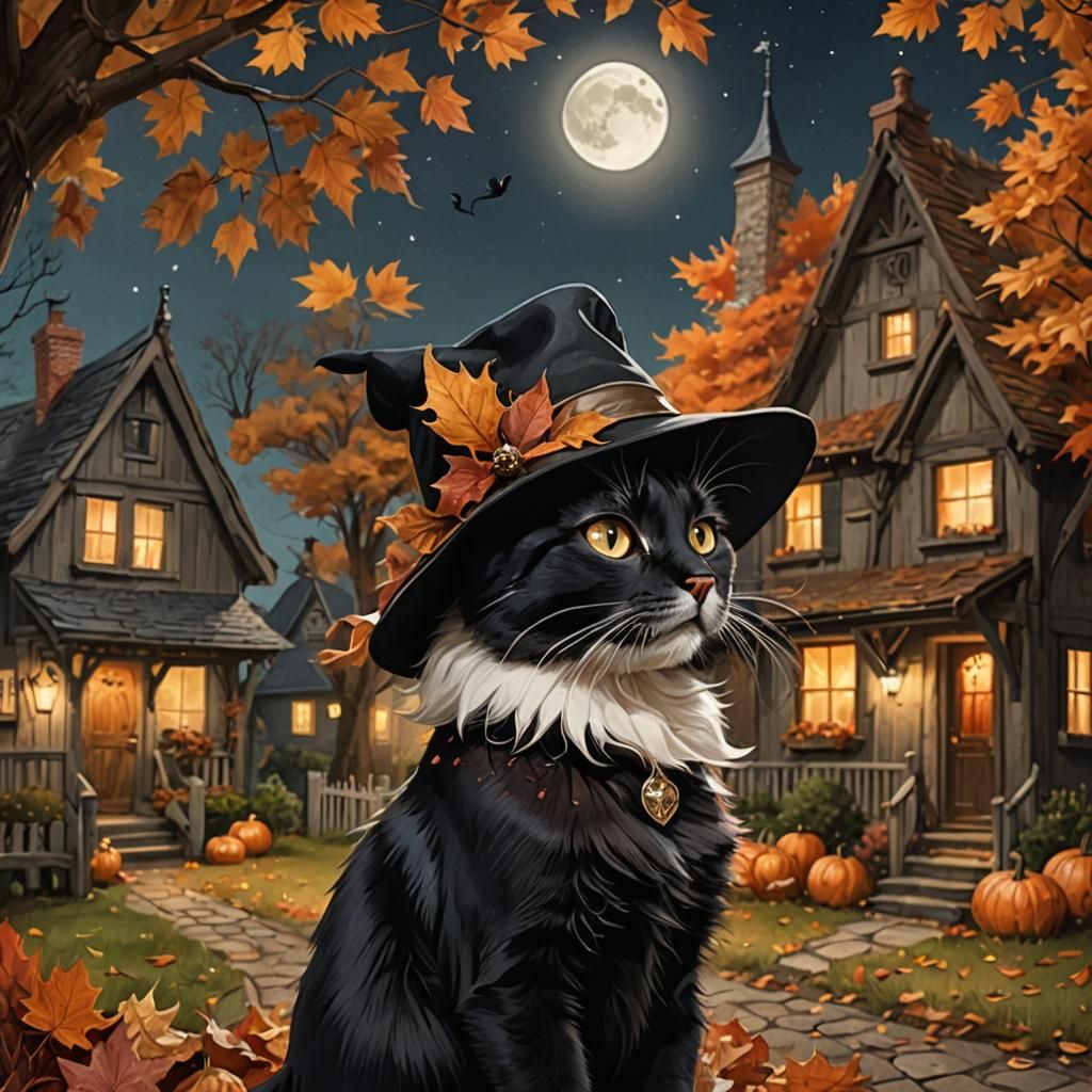 Charming Witch Portrait with Cat in Cartoon Style