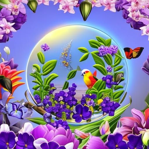 Floral Parrot in Glass Bubble, Hyperdetailed 3D Render