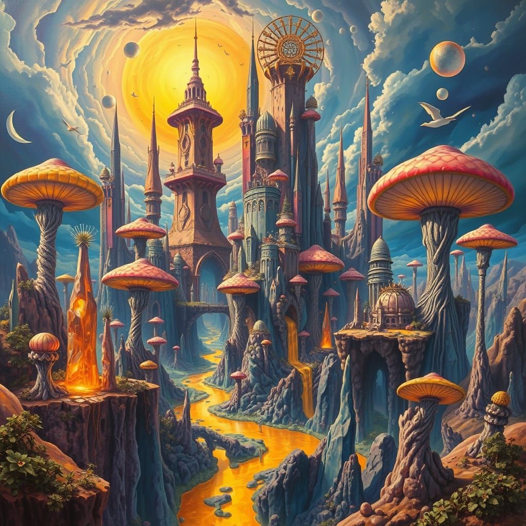 Surreal Crystalline Fungal Cityscape with Molten Gold Rivers