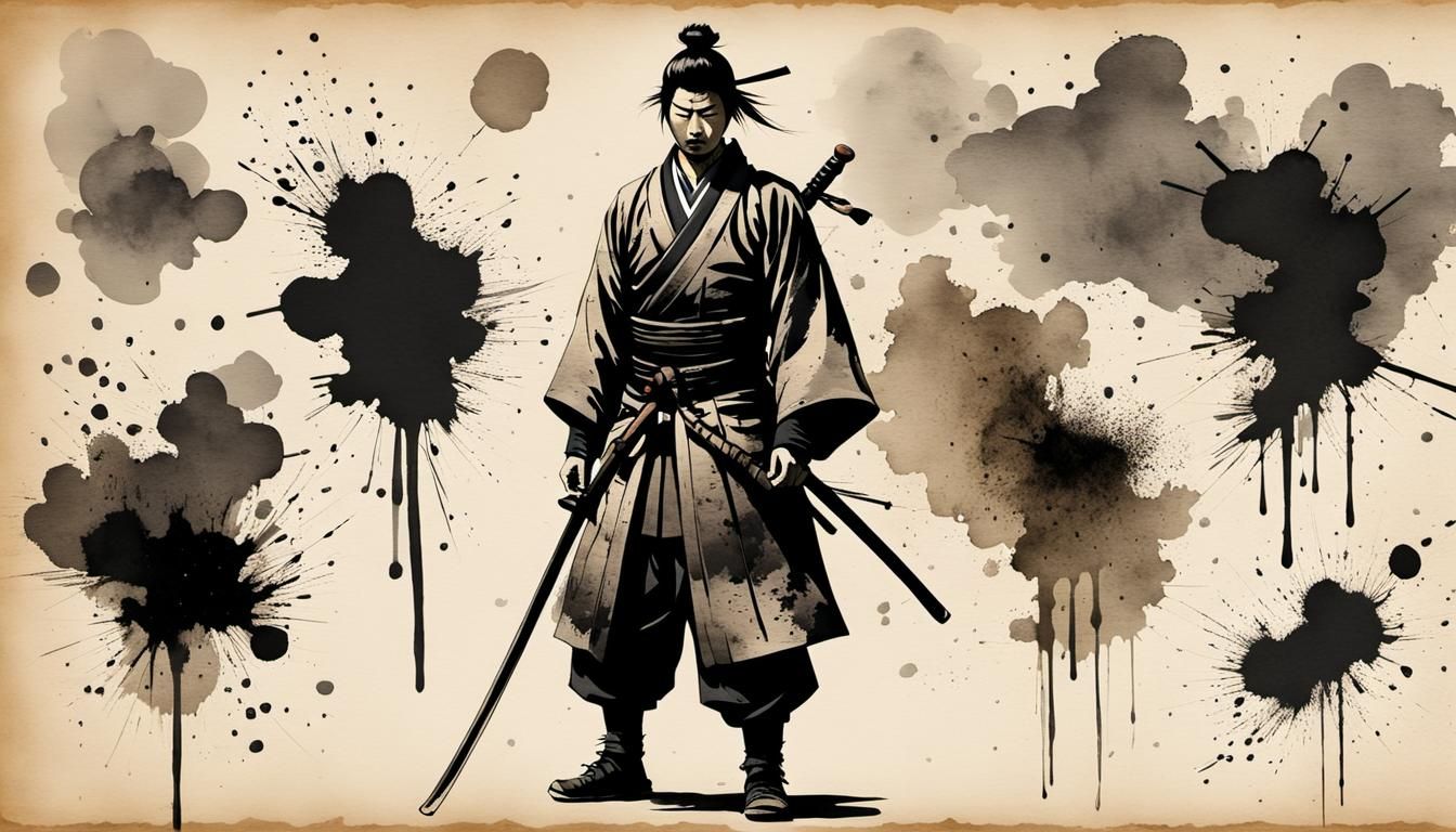 Samurai in Old Book Ink Illustration on Parchment