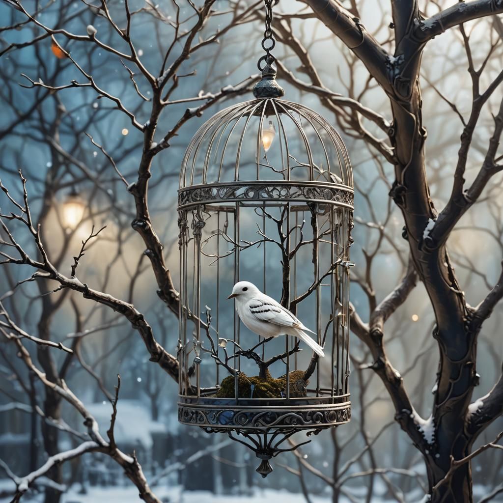 Striped Bird in Glass Cage: Fantasy Concept Art