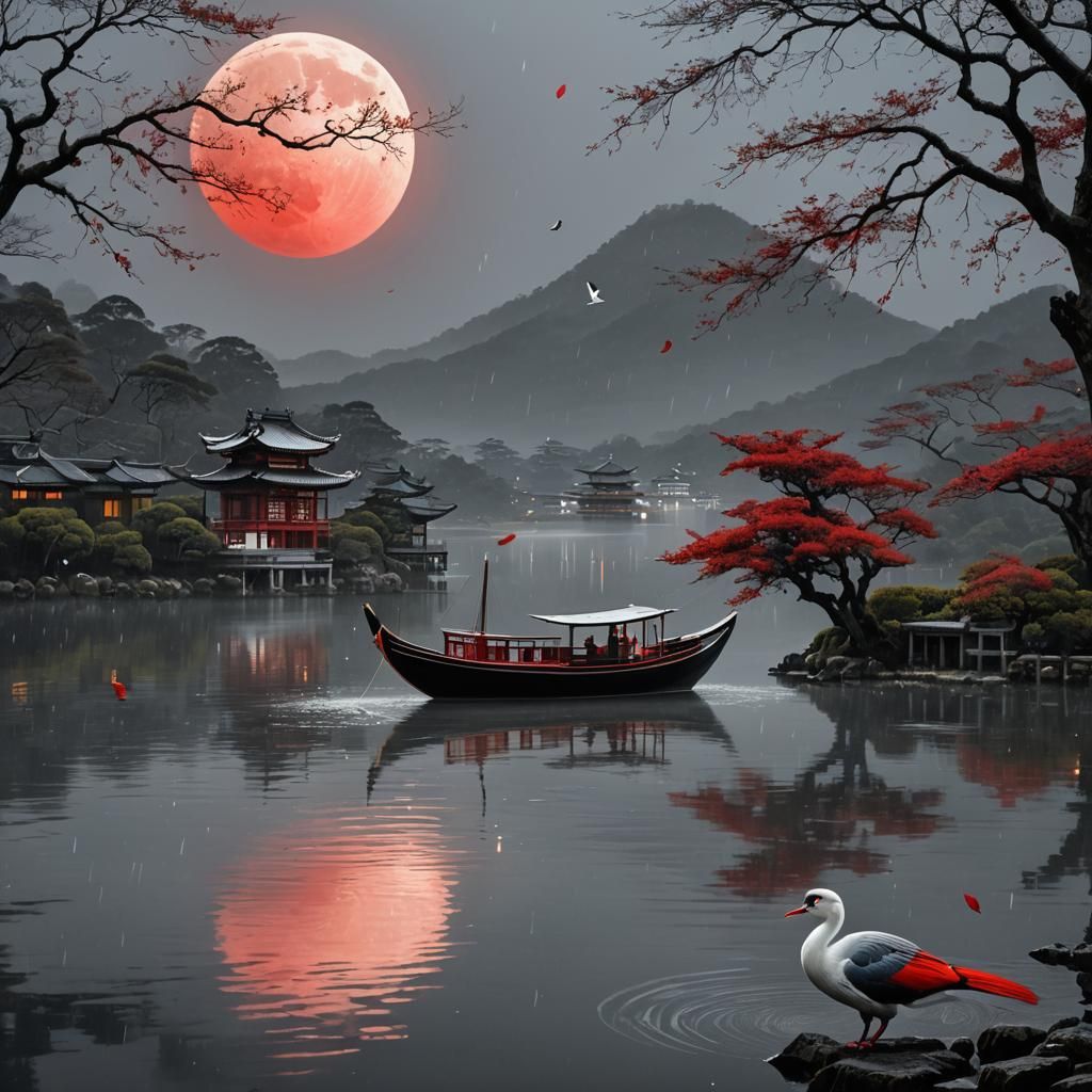 Boat on Moonlit Water with Red Bird