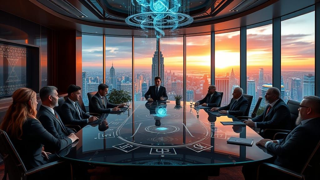 Corporate Visionaries in Fantasy Business Suits Gather Aroun...