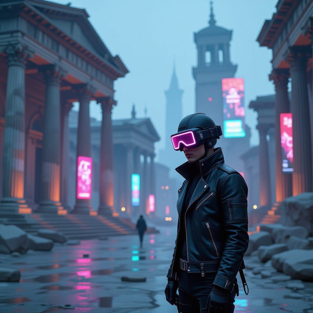 Cyberpunk Figure at Roman Ruins Intersection