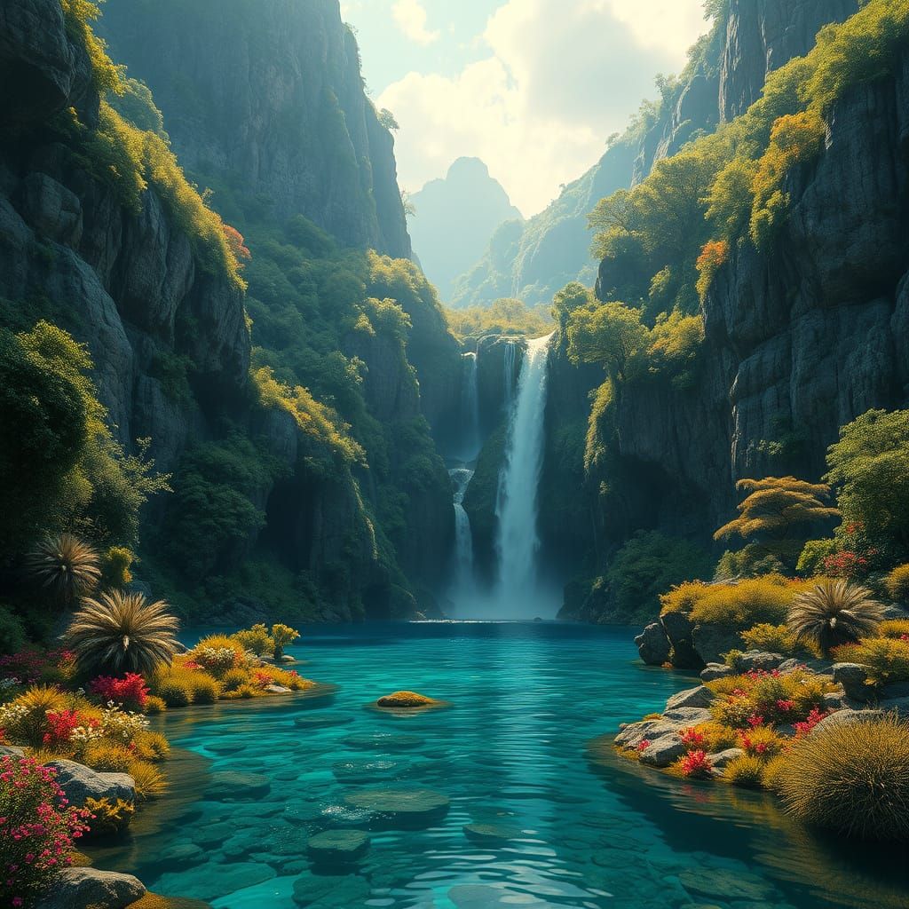 Hyperrealistic Waterfall Landscape with Lush Vegetation