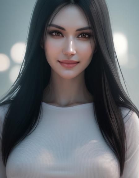 a dark-haired girl in a tight white t-shirt smiles at the camera