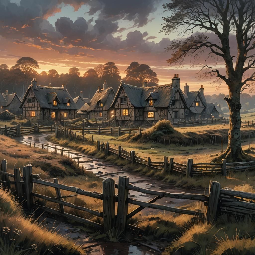 Sunset Hamlet Beside Woodland: Fantasy Concept Art
