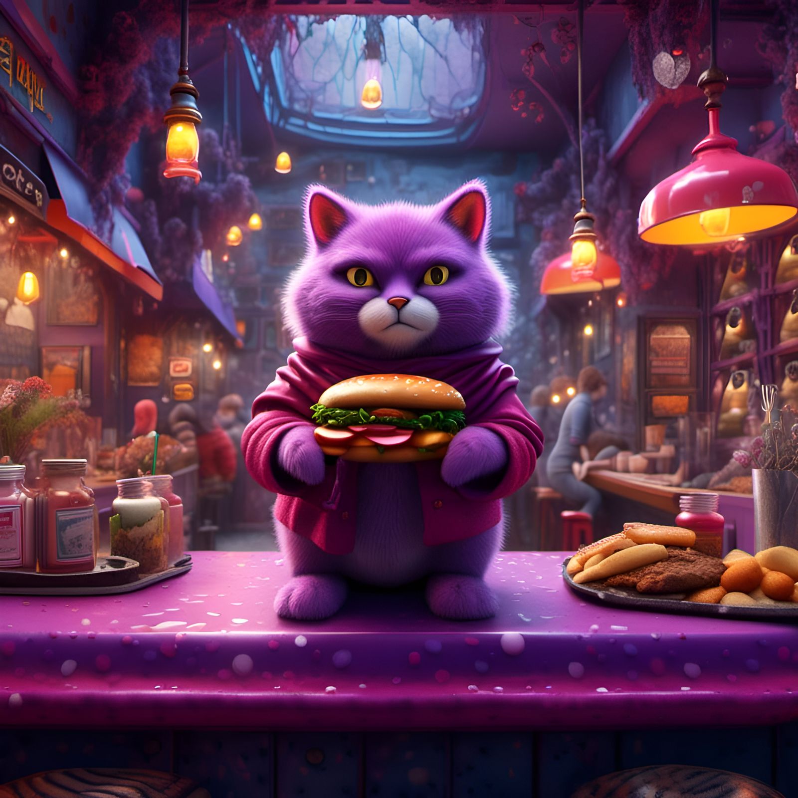Purple Riding Hood and Hungry Cat at Burger Shop