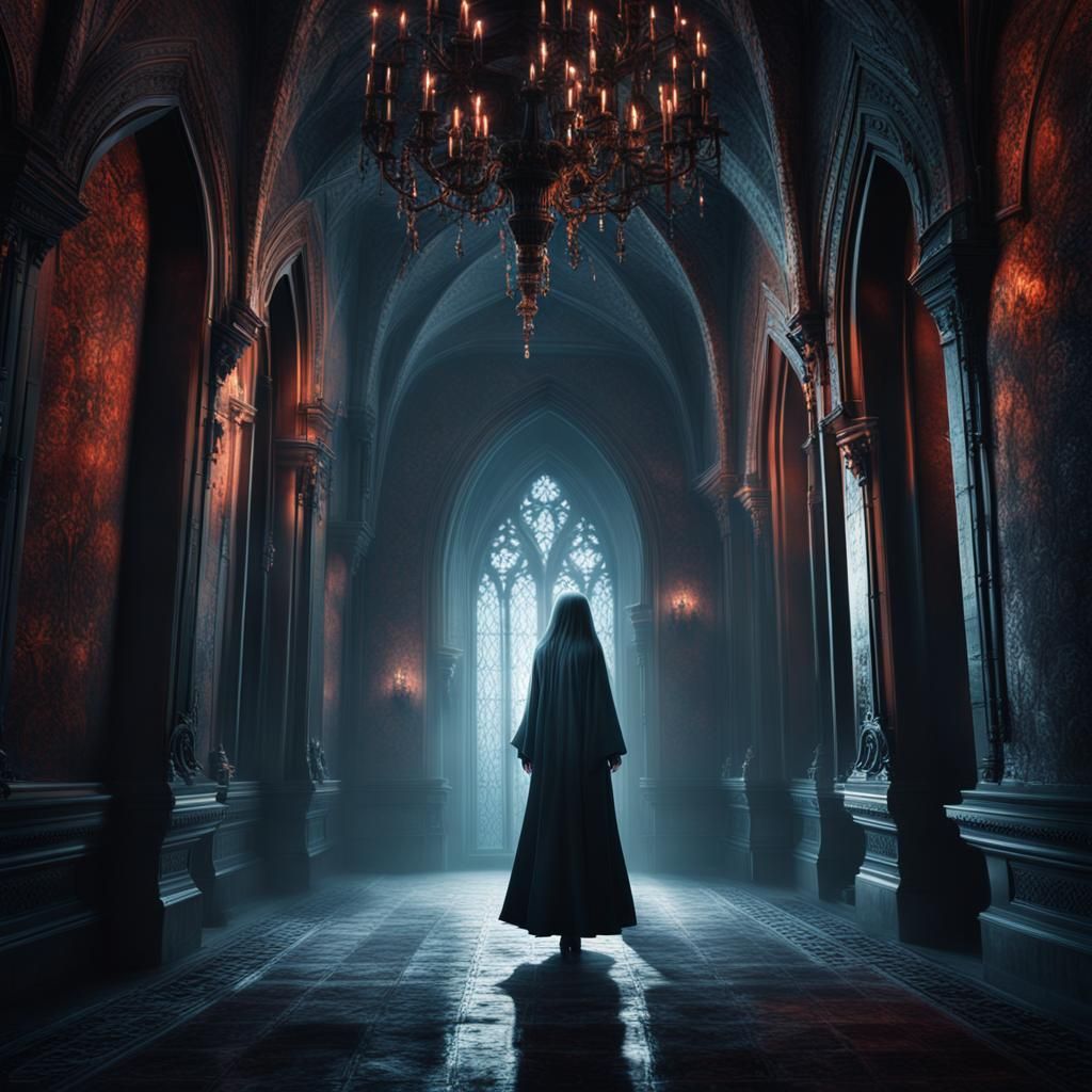 Ghostly Figure in Gothic Castle Hallway
