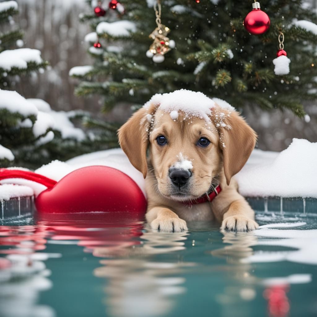 Puppy's Snowy Christmas Pool Party with Santa