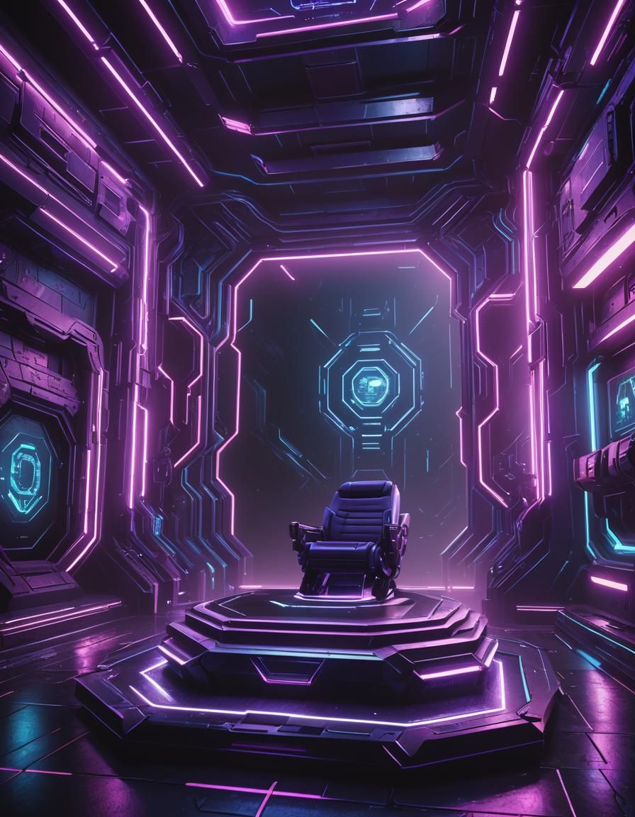 Cyberpunk Empty Purple Podium in Spaceship