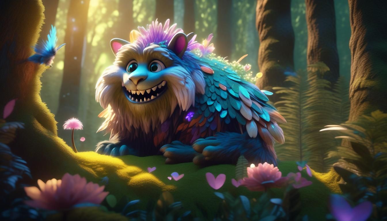 Furry Monster and Fairy in Luminous Forest