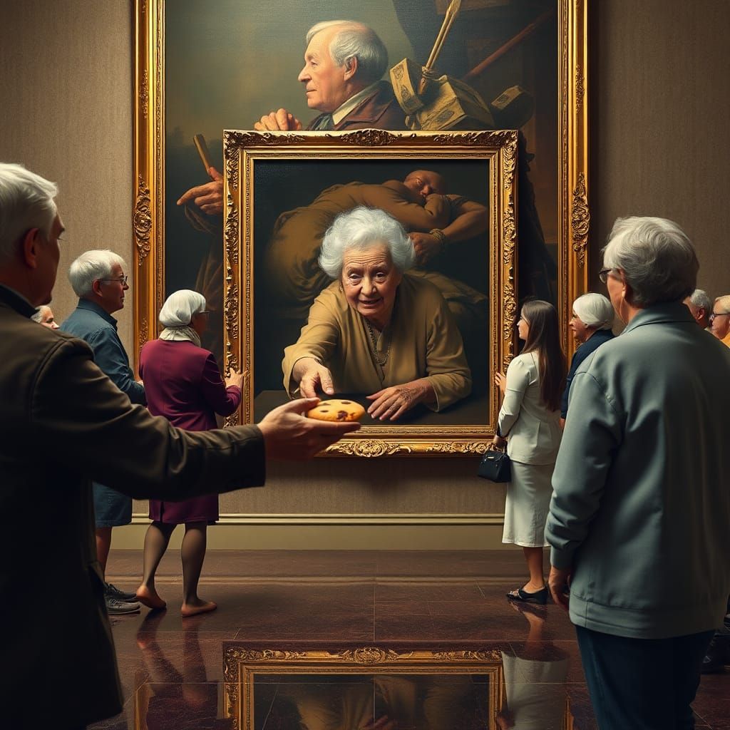 Elderly Woman in Painting Offers Cookie: Surreal Photo