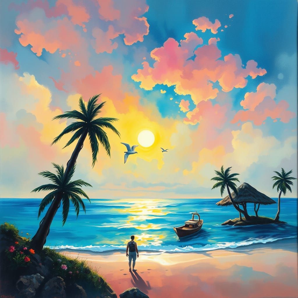 Surreal Vacation Landscape in Gouache Style