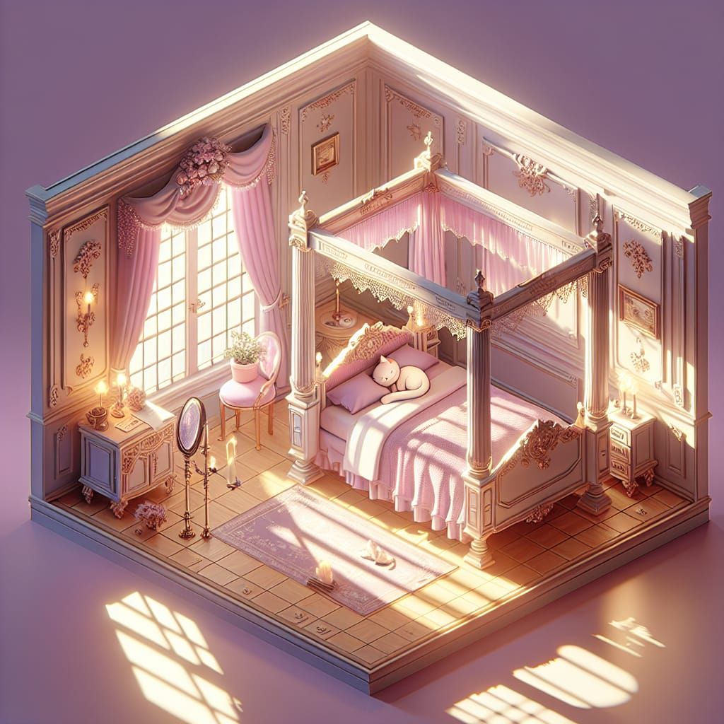 French Baroque Bedroom with Kawaii Cat, 3D Render