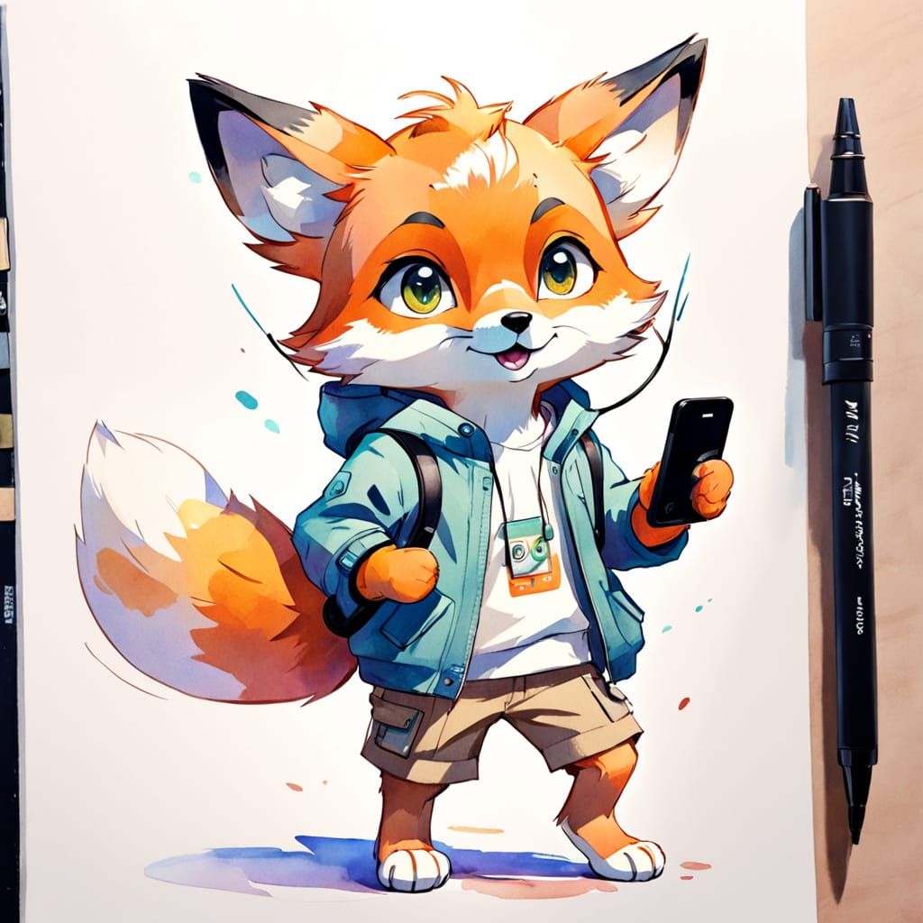 Adorable Fox Cub in Clothes with Headphones, Watercolor Sket...