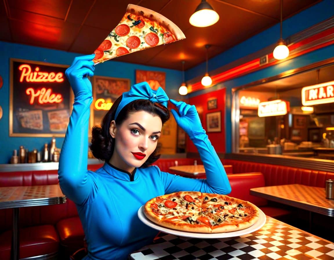Vintage Diner Woman with Pizza Slice, Surreal Art
