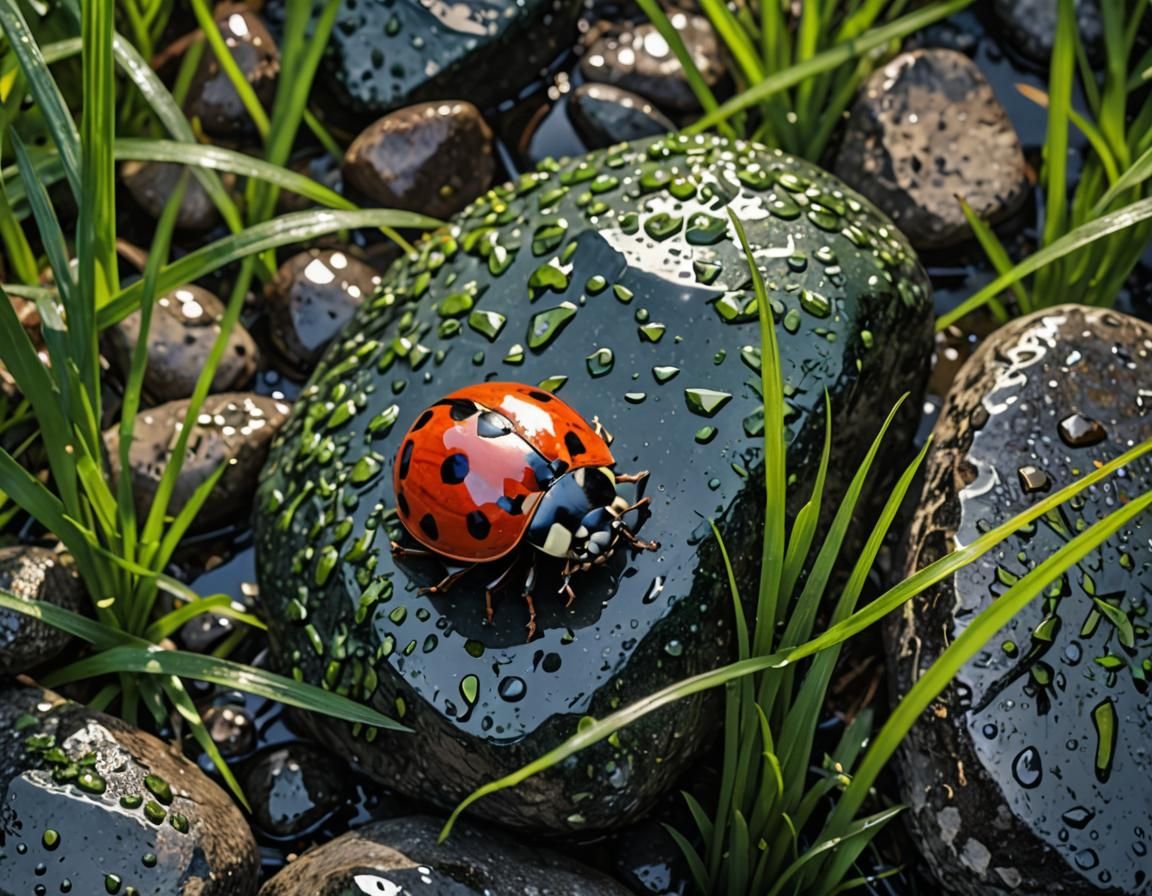 Ladybug on Rain-Kissed Rocks: Hyperrealistic Photoillustrati...