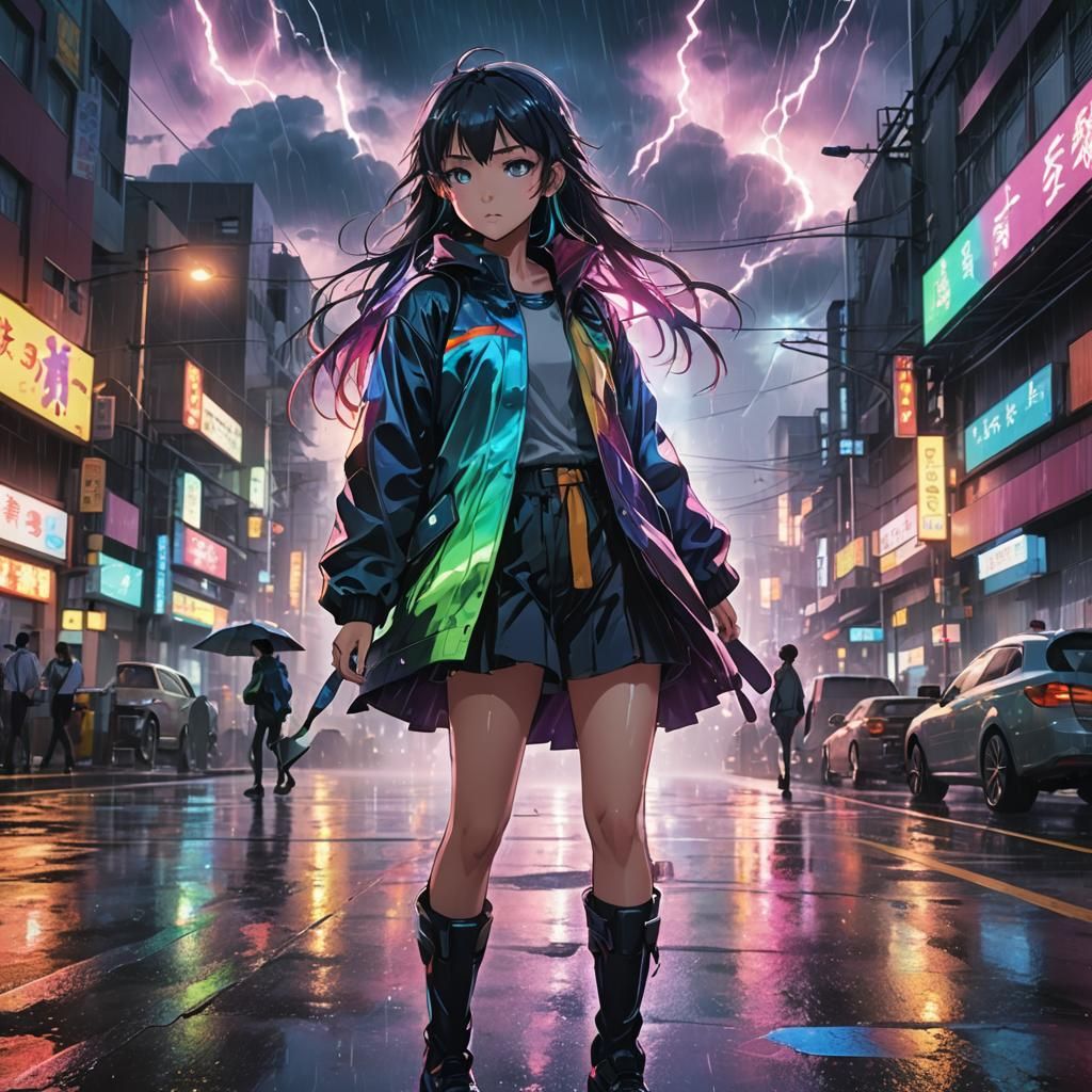 Anime Girl in Rainy City Street with Rainbow Mist