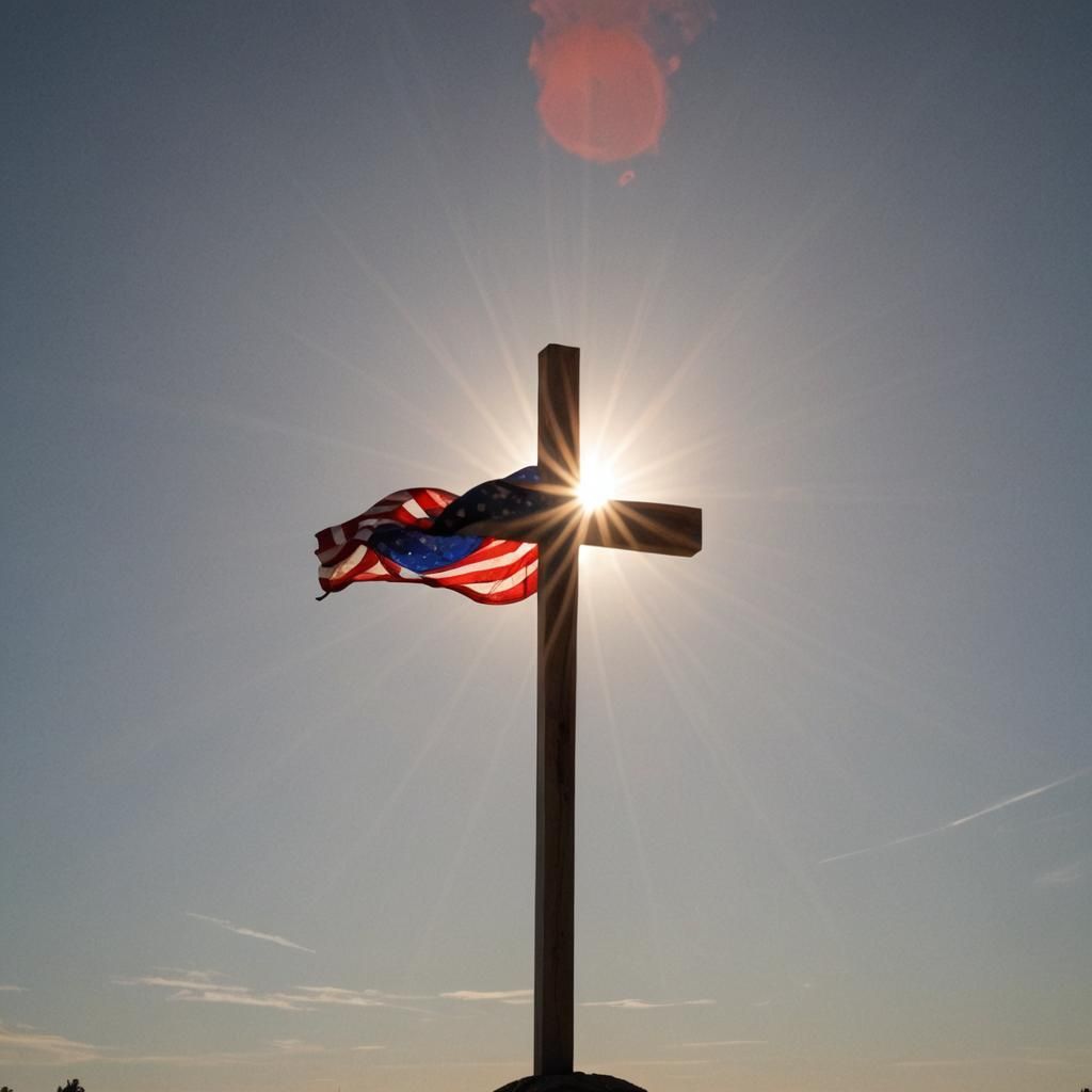 Christian Cross with American Flag and Sunlight