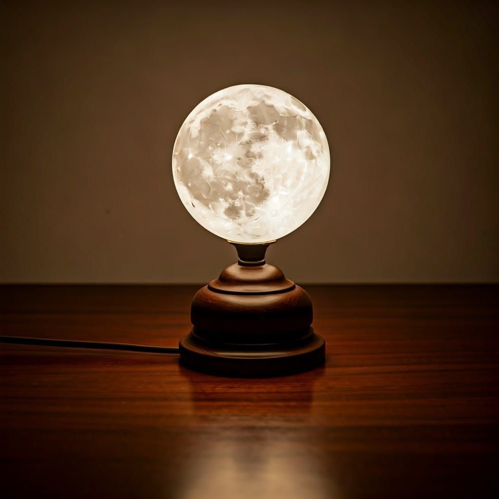 Illuminated Moon Lamp on Cherry Wood Desk