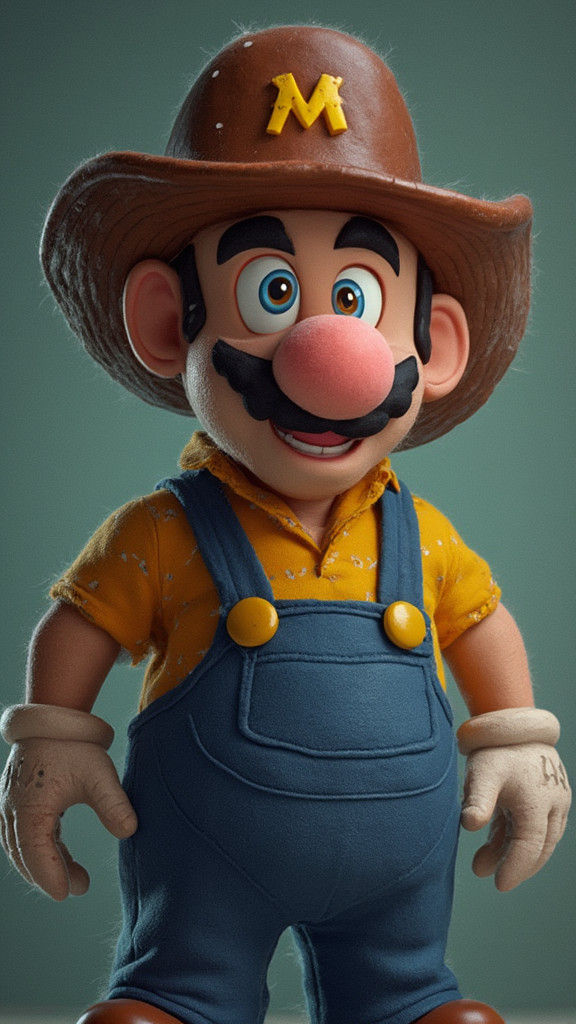 Man with Mustache, Hat, and Blue Overalls