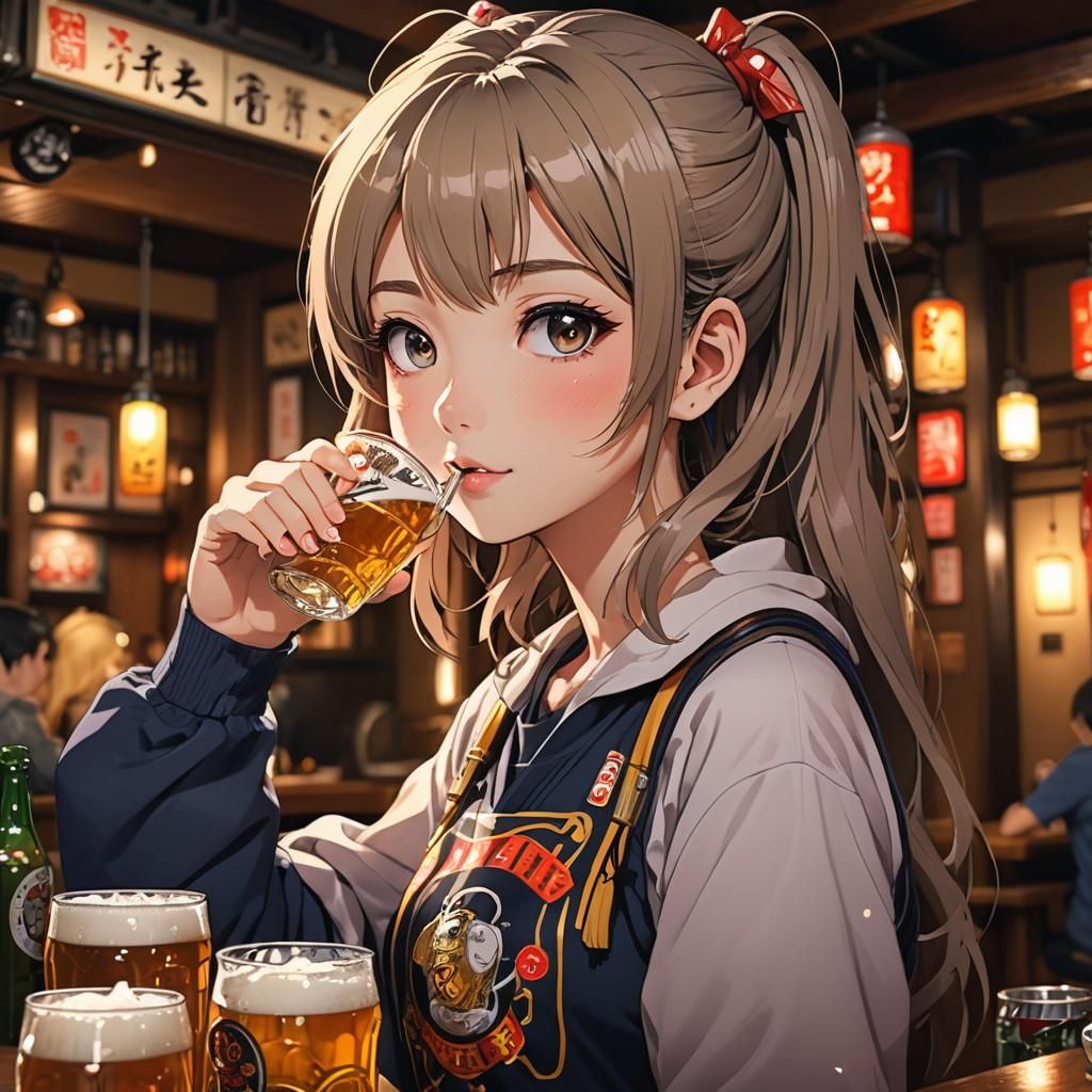 Anime Girl Drinking Beer in Cozy Izakaya