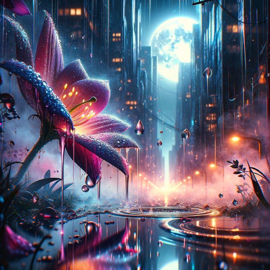 Macro Flower in Summer Rain, Cyberpunk Digital Art