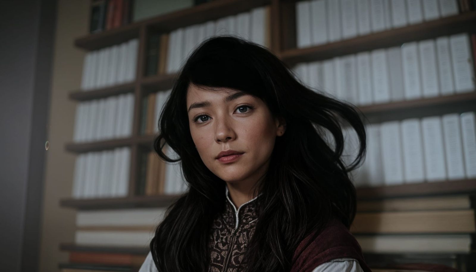 Mysterious Woman Surrounded by Books in Woodcut Style