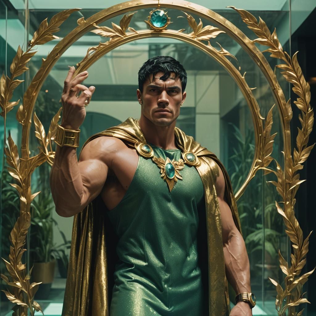 a young muscle men with black hair standing in the gold cloa...