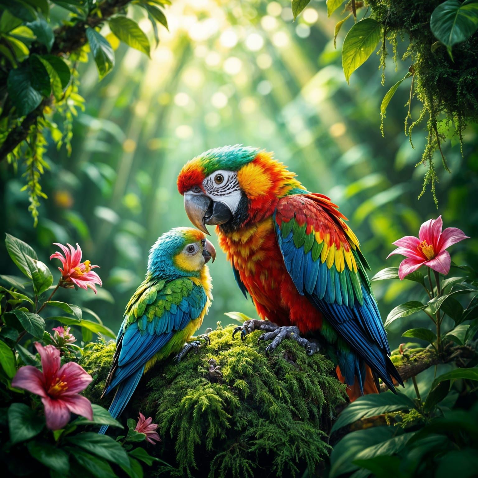Parrots in a Shimmering Jungle, Detailed Matte Painting
