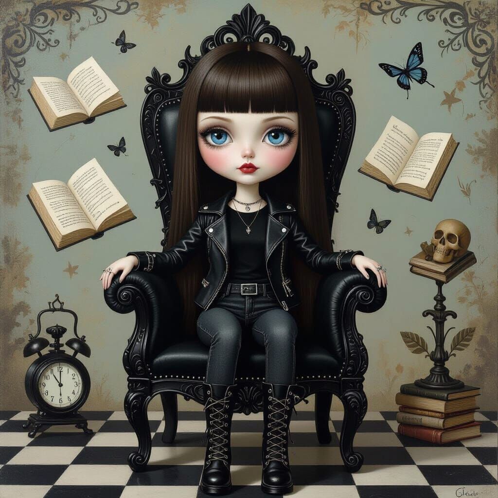 Pop Surrealist Gothic Painting of Doll-Like Woman on Throne