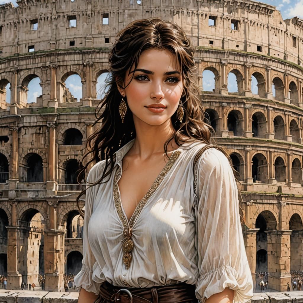 Smiling Woman in Rome, Hyperrealistic Digital Art