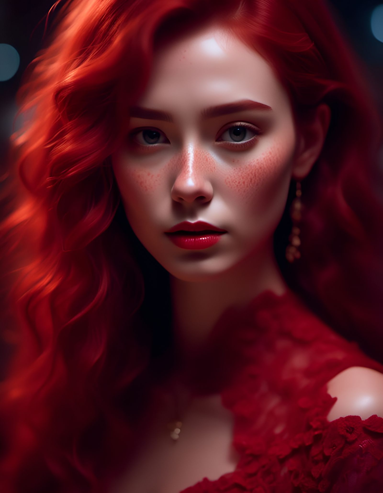 Beautiful Woman in Red Dress with Detailed Face